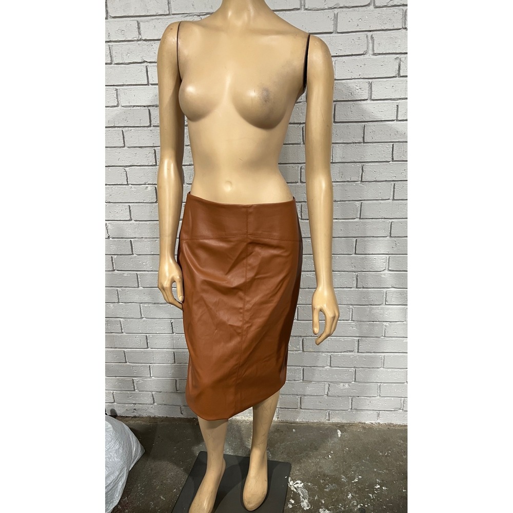 Karen Millen Cognac Faux Leather High Waist Midi Pencil Skirt Edgy Old Money 8